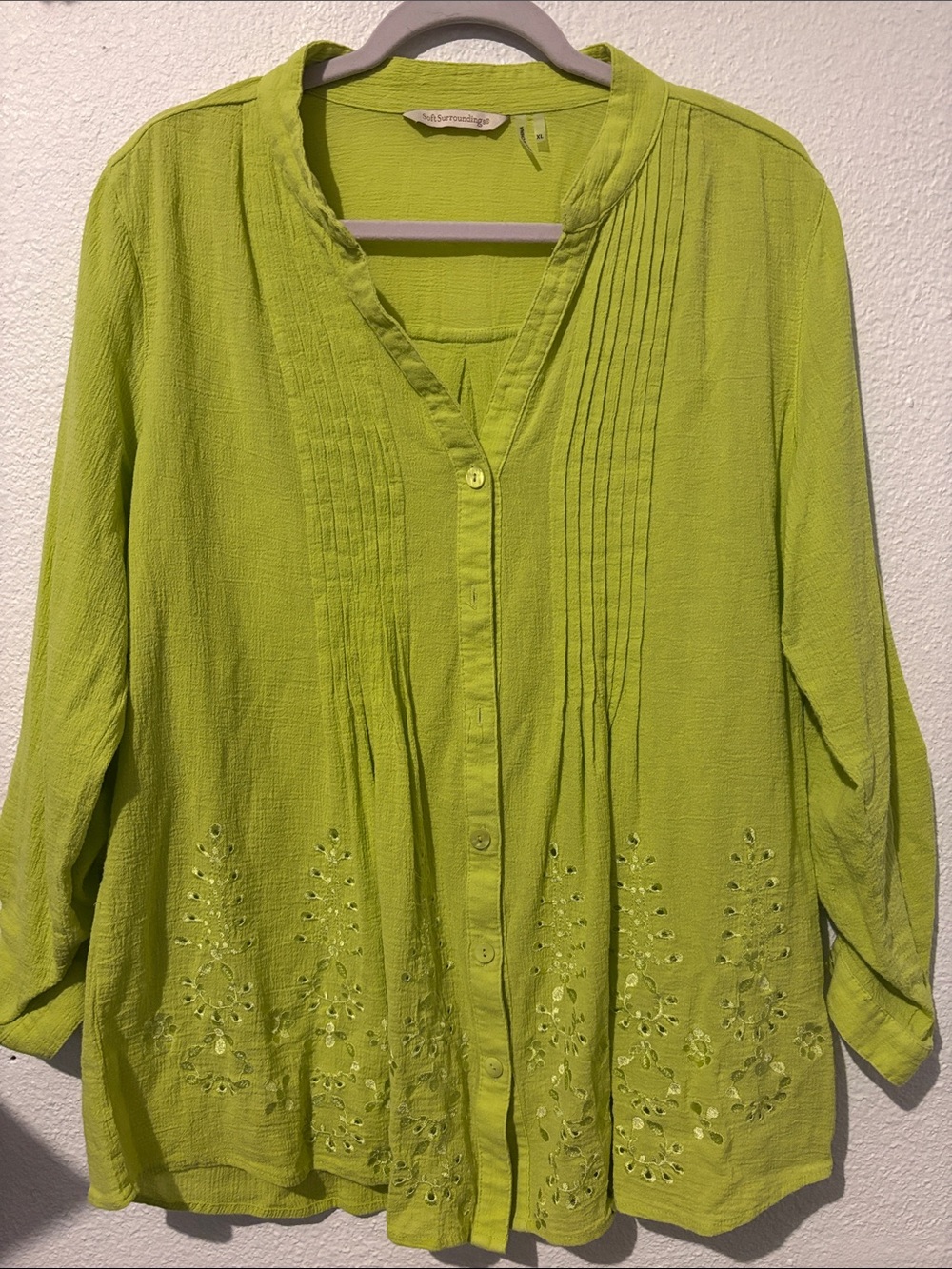 Soft Surroundings Pintuck Bright Lime Button-Front Tunic with Eyelet Embroidery